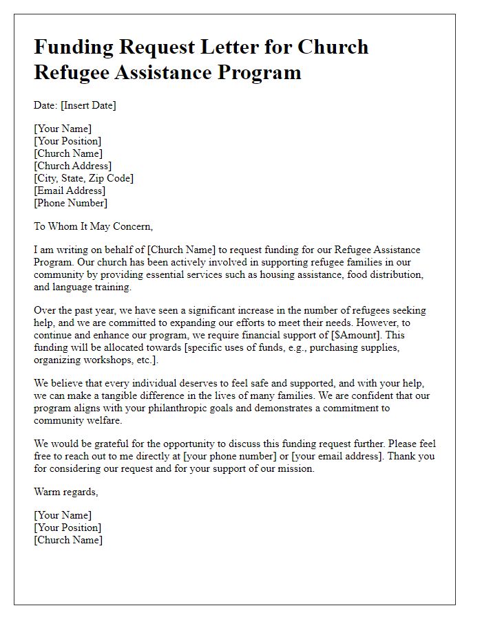 Letter template of funding request for church refugee assistance program.