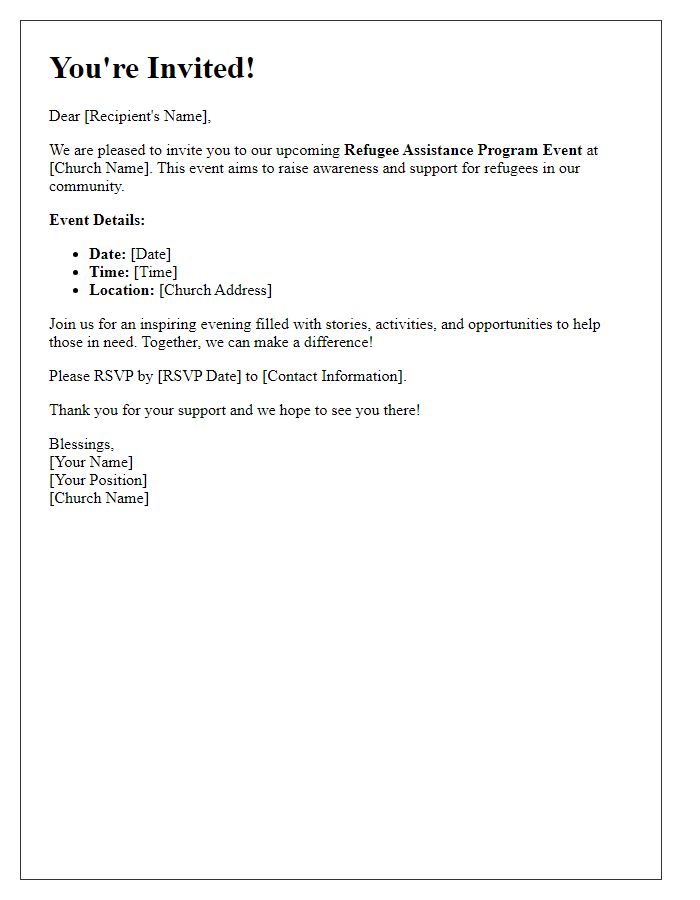 Letter template of invitation to a church refugee assistance program event.