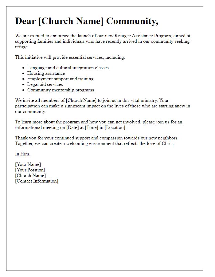 Letter template of outreach announcement for church refugee assistance program.