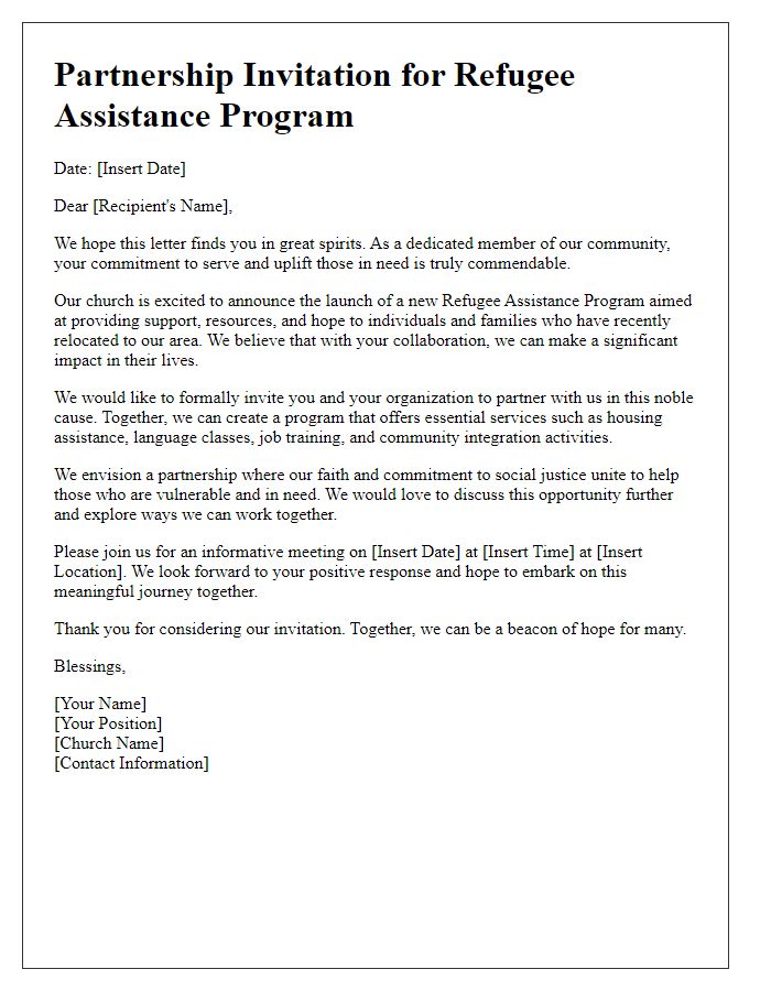 Letter template of partnership invitation for church refugee assistance program.