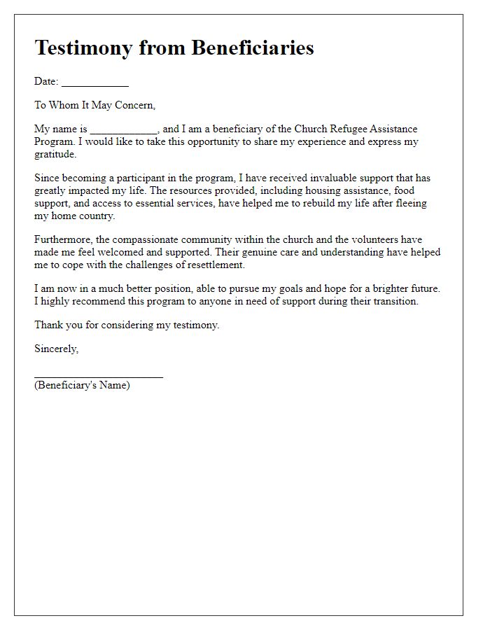 Letter template of testimony from beneficiaries of church refugee assistance program.