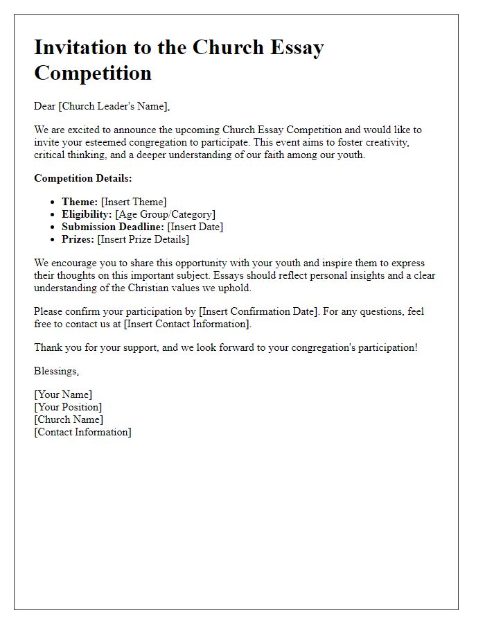 Letter template of Church Essay Competition Invitation for Church Leaders