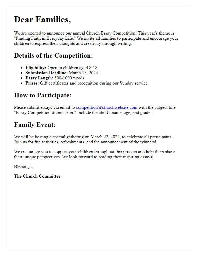 Letter template of Church Essay Competition Invitation for Families