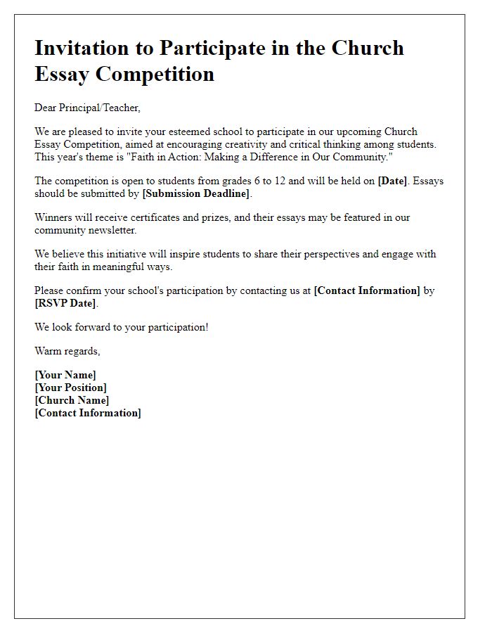 Letter template of Church Essay Competition Invitation for Local Schools