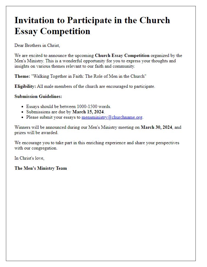 Letter template of Church Essay Competition Invitation for Mens Ministry