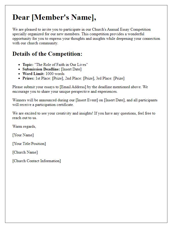 Letter template of Church Essay Competition Invitation for New Members