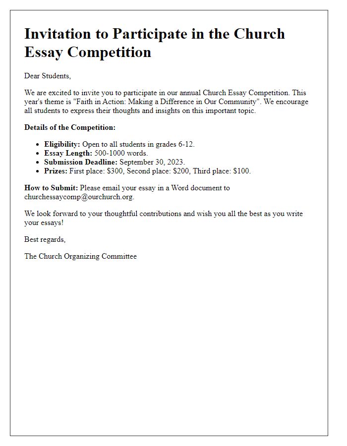 Letter template of Church Essay Competition Invitation for Students