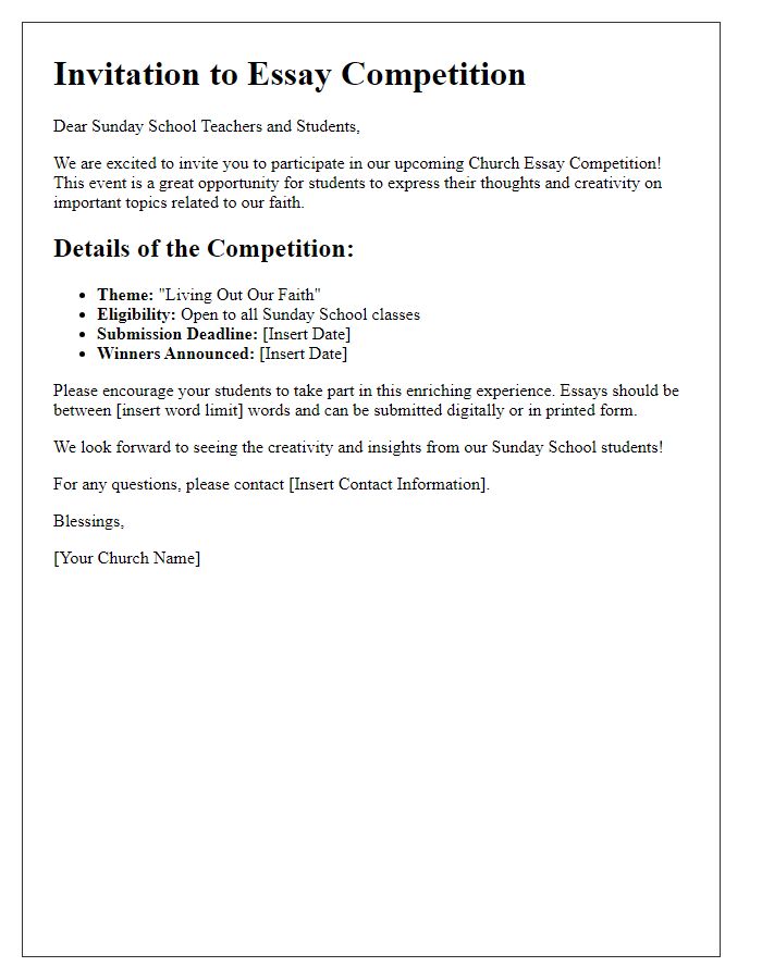 Letter template of Church Essay Competition Invitation for Sunday School Classes