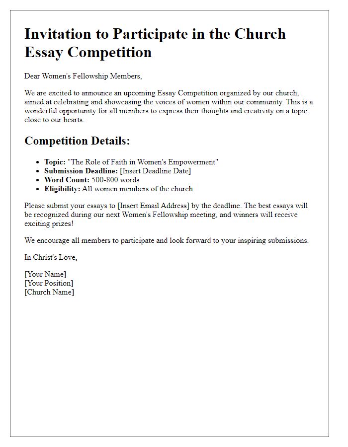 Letter template of Church Essay Competition Invitation for Womens Fellowship