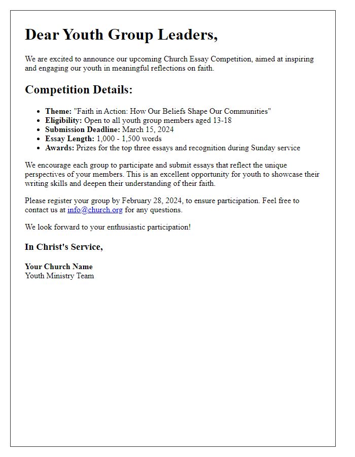 Letter template of Church Essay Competition Invitation for Youth Groups