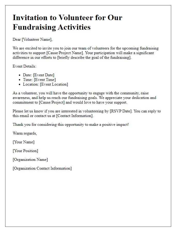 Letter template of volunteer invitation for fundraising activities