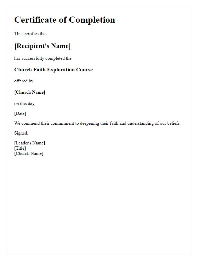 Letter template of course completion certificate for church faith exploration