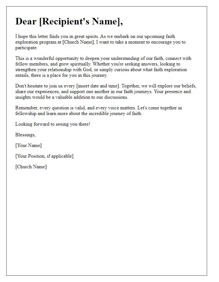 Letter template of encouragement for participation in church faith exploration