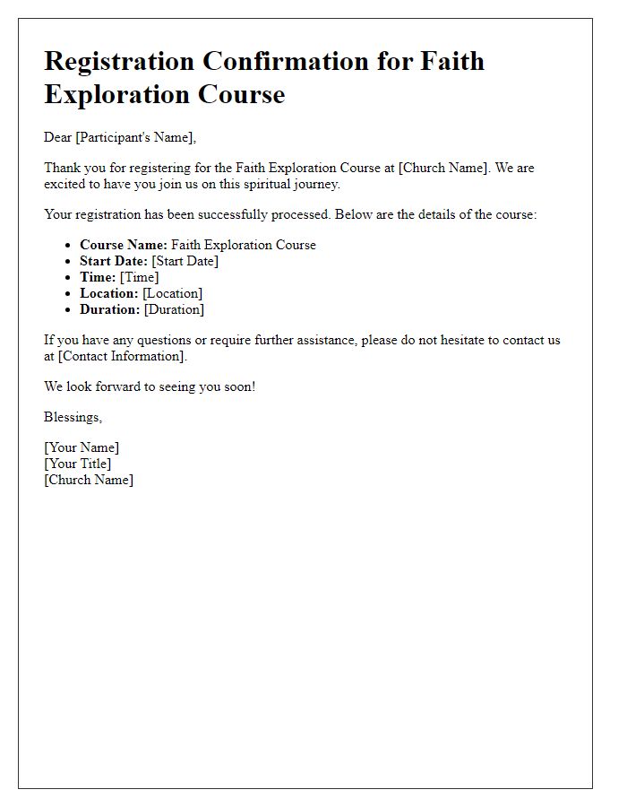 Letter template of registration confirmation for church faith exploration course