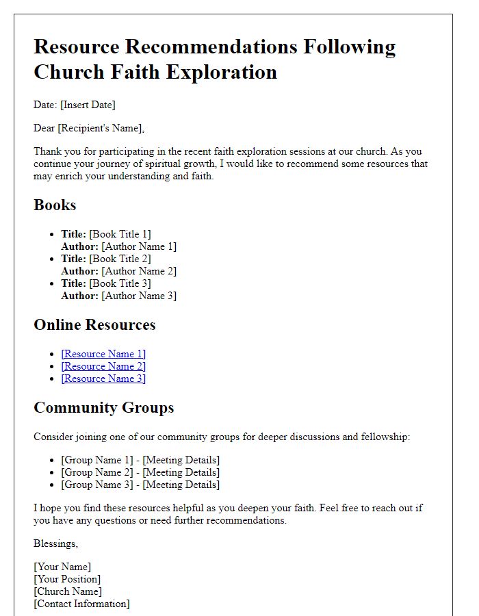 Letter template of resource recommendations following church faith exploration