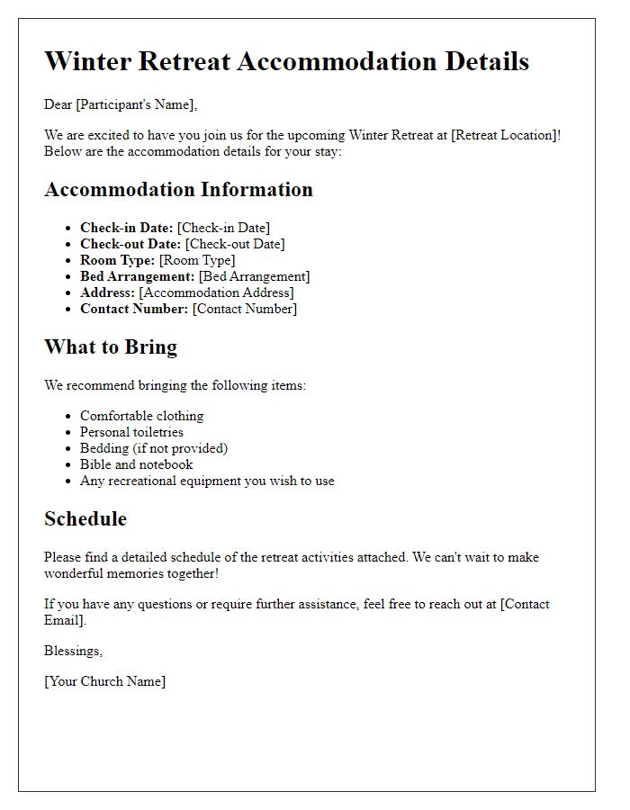 Letter template of church winter retreat accommodation details