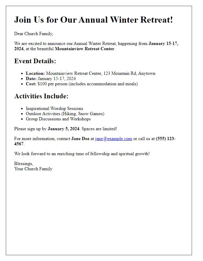 Letter template of church winter retreat promotional flyer