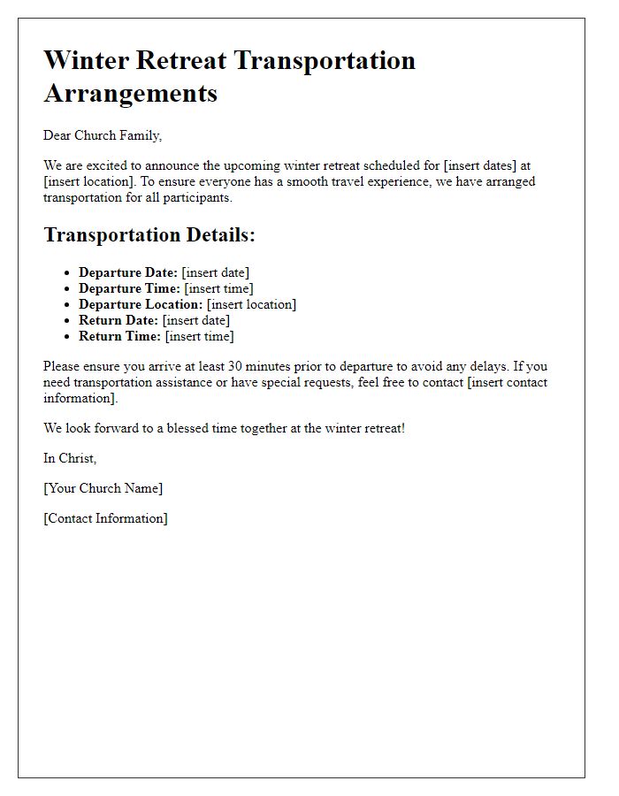 Letter template of church winter retreat transportation arrangements