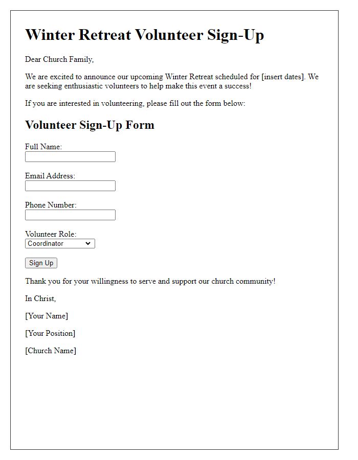 Letter template of church winter retreat volunteer sign-up