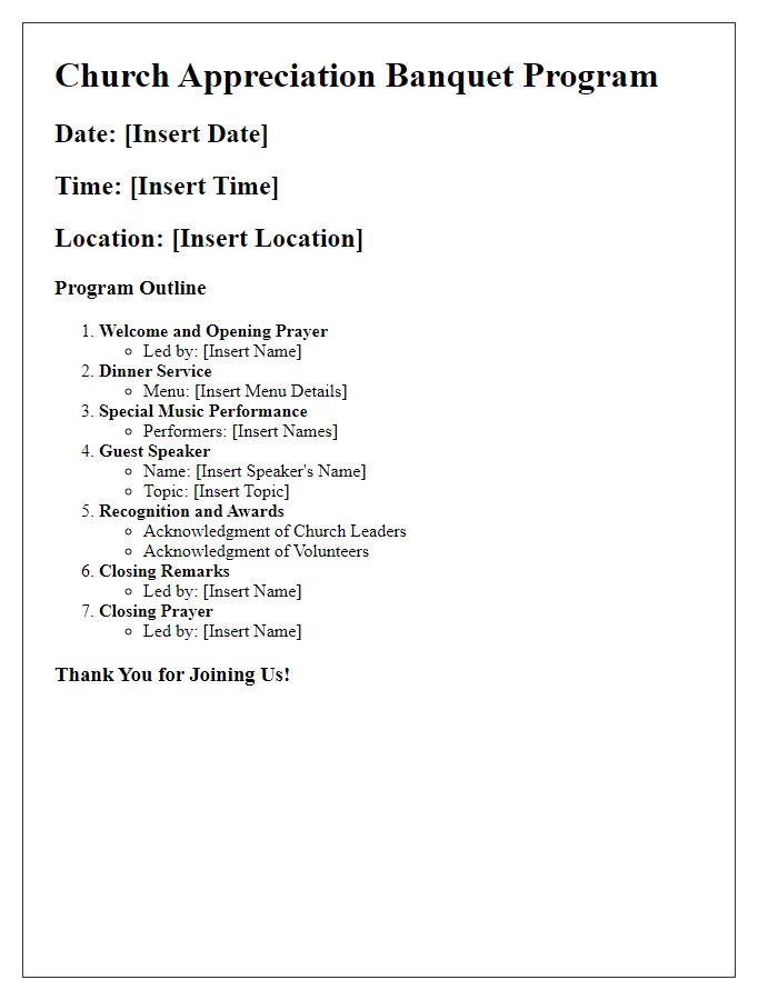 Letter template of church appreciation banquet program outline