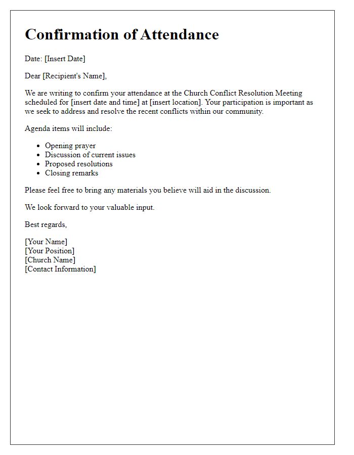 Letter template of confirmation for attending church conflict resolution meeting