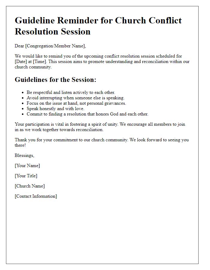 Letter template of guideline reminder for church conflict resolution session