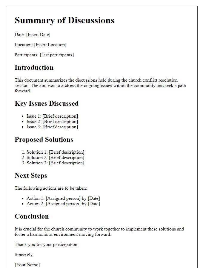 Letter template of summary of discussions from church conflict resolution session