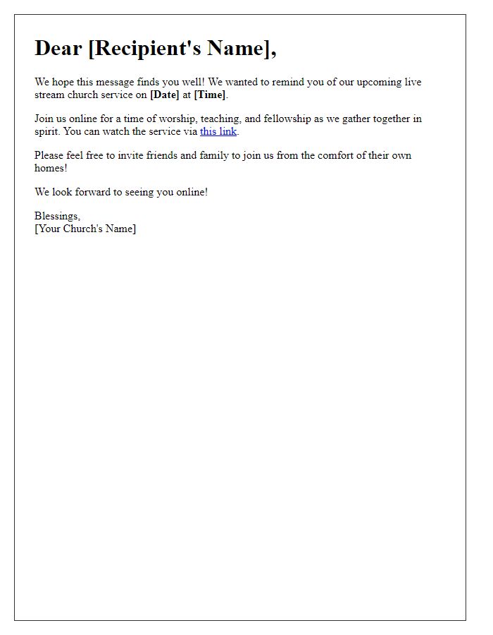 Letter template of livestream church service reminder