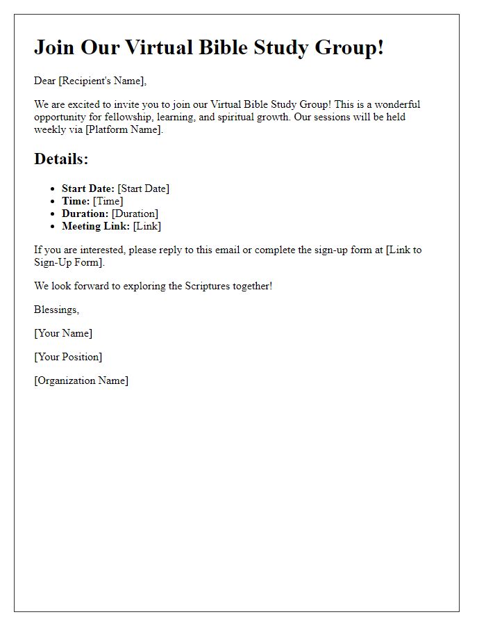 Letter template of virtual Bible study group sign-up