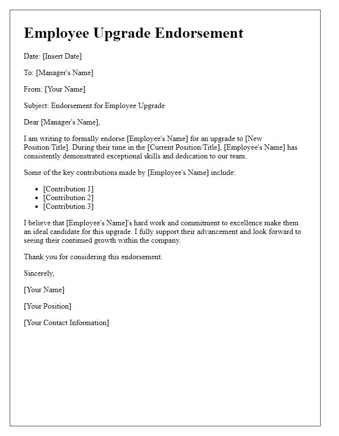 Letter template of employee upgrade endorsement.