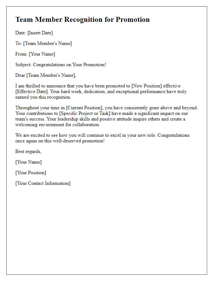 Letter template of team member recognition for promotion.