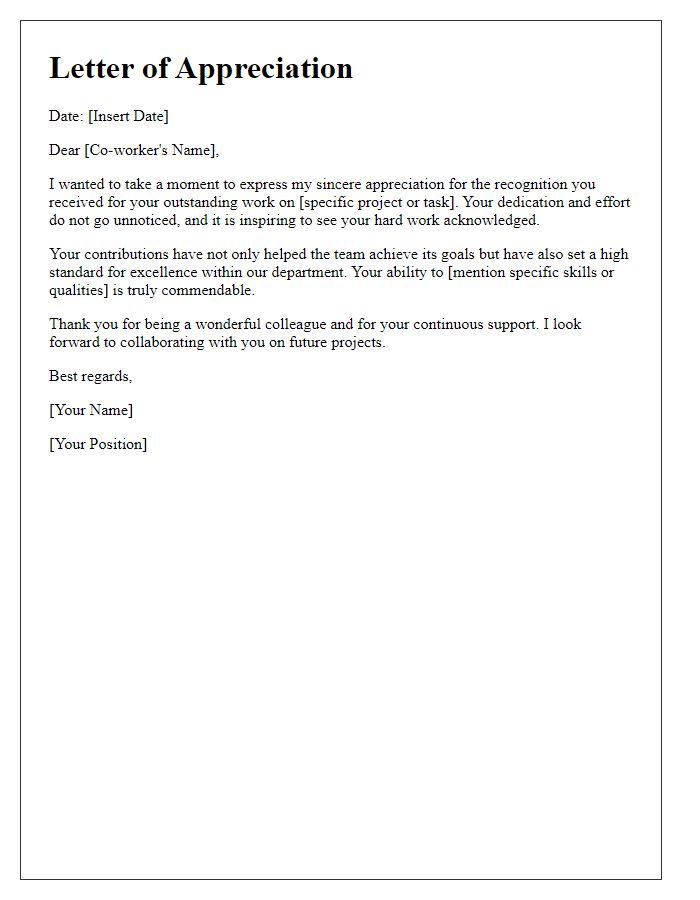 Letter template of appreciation for a co-worker's recognition.