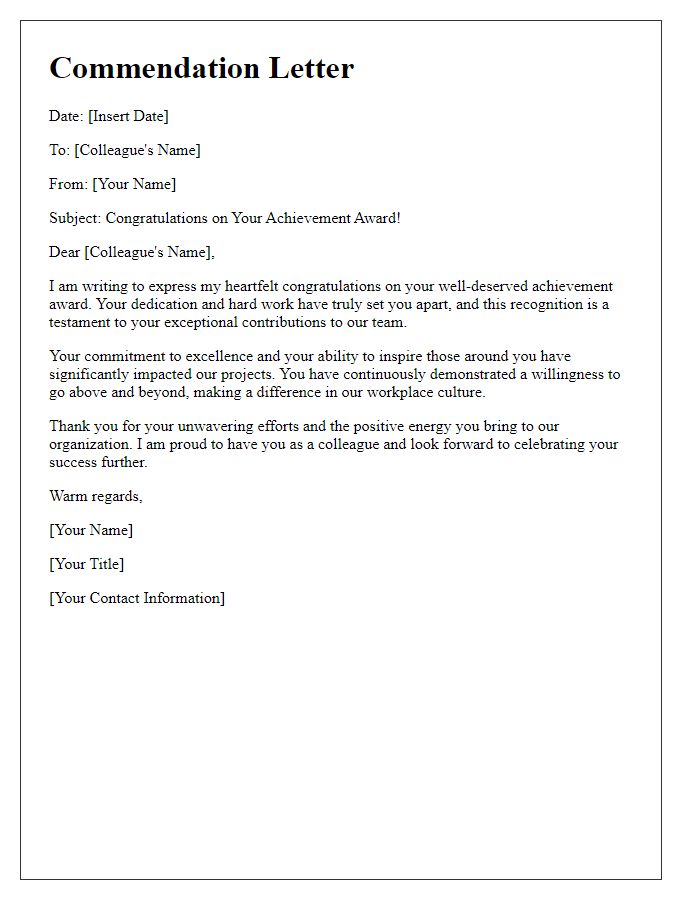 Letter template of commendation for a colleague's achievement award.