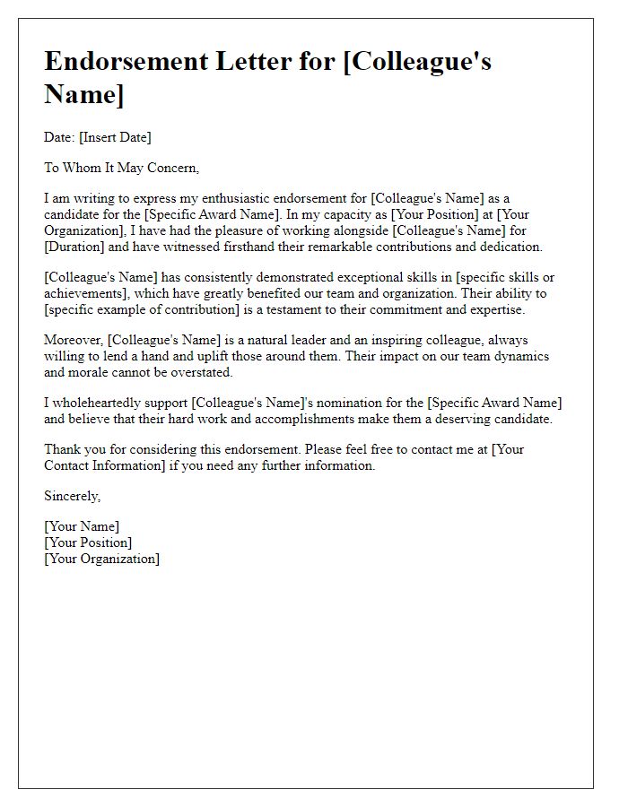 Letter template of endorsement for a colleagues award recognition.