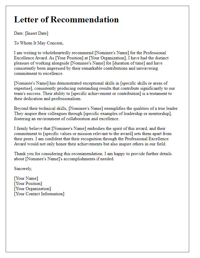 Letter template of recommendation for a professional excellence award.