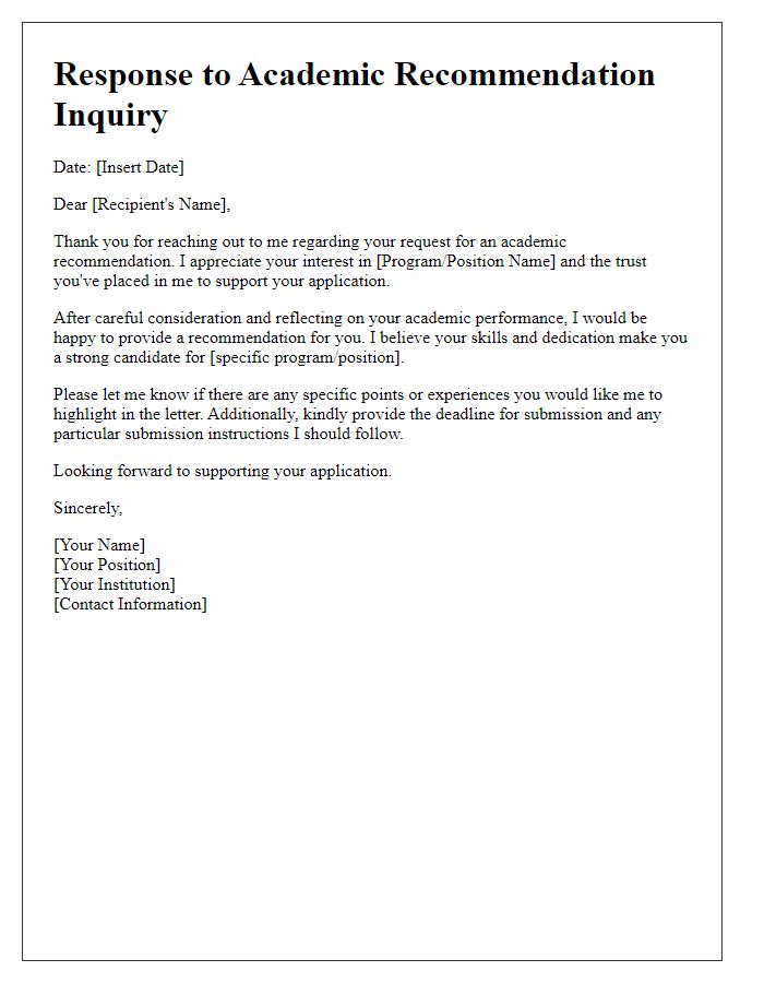 Letter template of Academic Recommendation Inquiry Response.