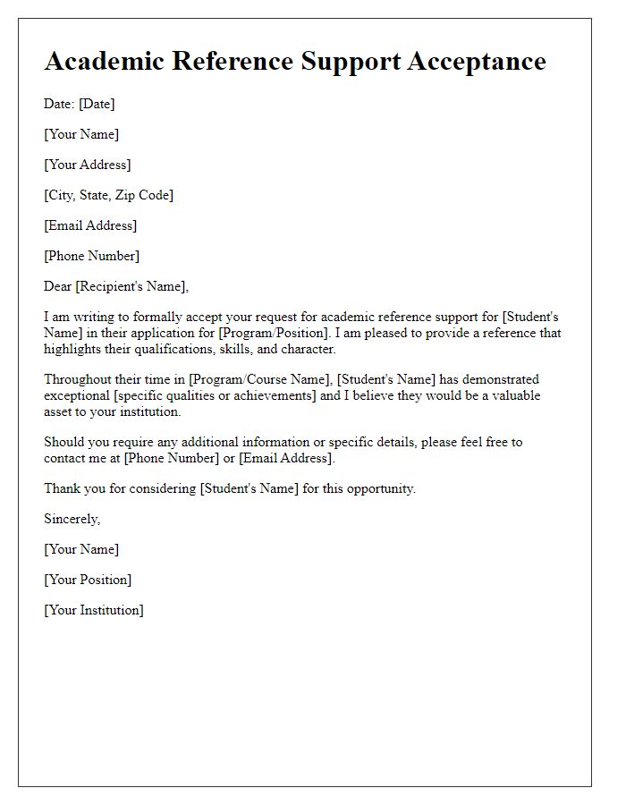 Letter template of Academic Reference Support Acceptance.