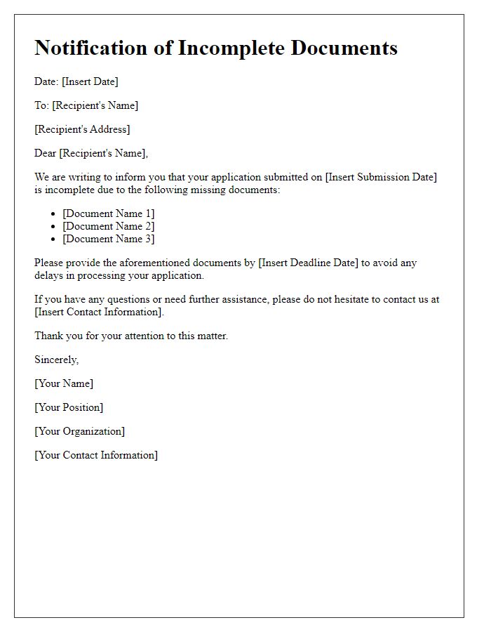 Letter template of notification for incomplete documents