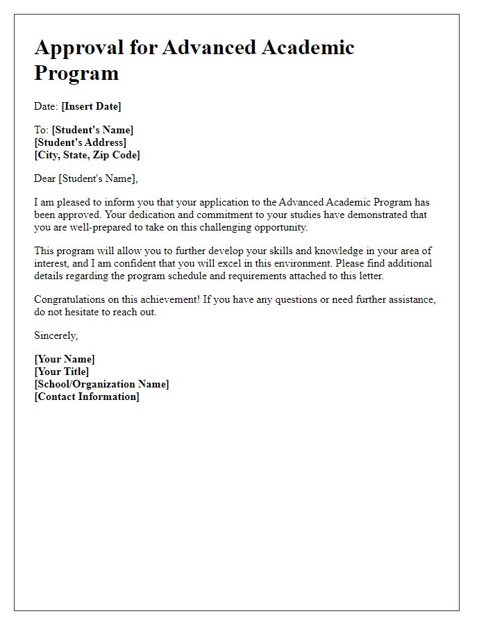 Letter template of approval for a student applying to advanced academic programs.