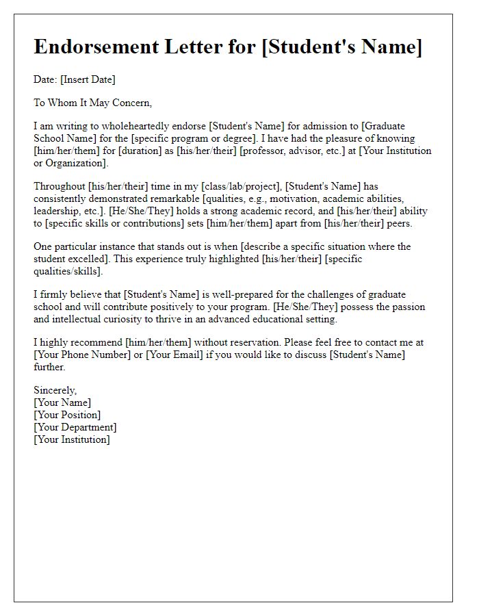 Letter template of endorsement for a student's graduate school application.