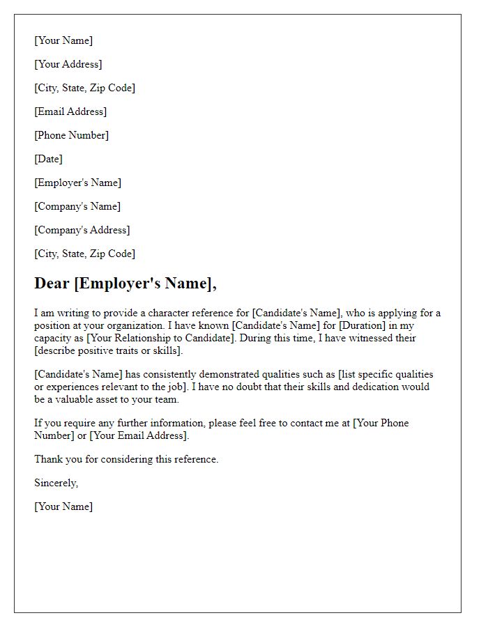 Letter template of character reference for professional employment.