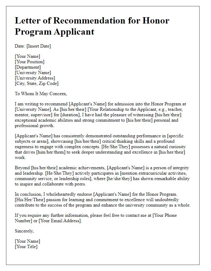 Letter template of university admission recommendation for honor program applicants.