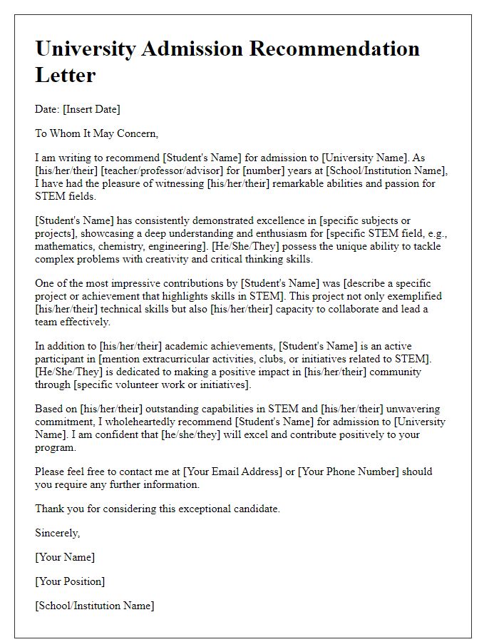 Letter template of university admission recommendation for STEM-focused candidates.