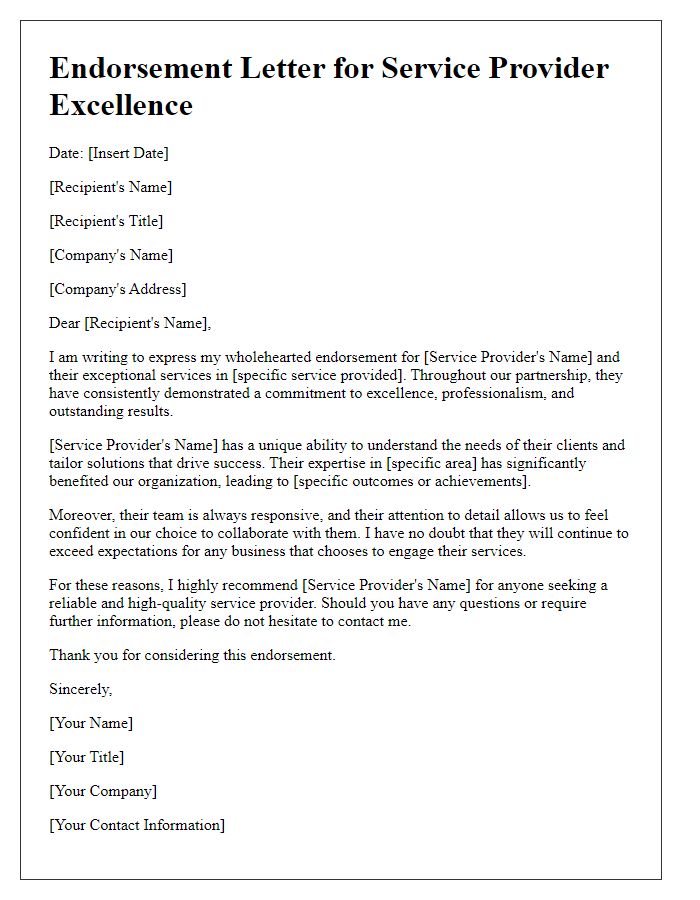 Letter template of endorsement for service provider excellence.