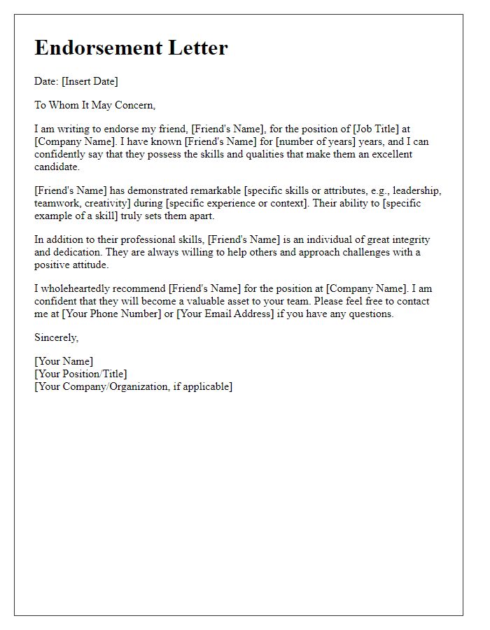 Letter template of endorsement for a friend seeking employment.