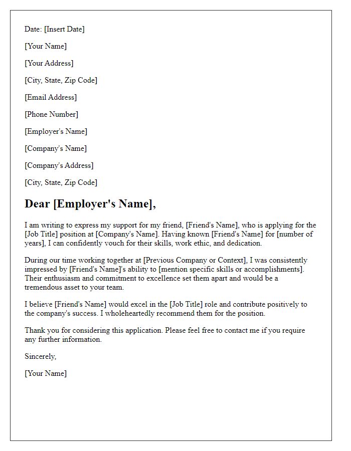 Letter template of support for a friend's job application.