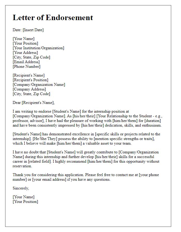 Letter template of endorsement for a student's internship application.