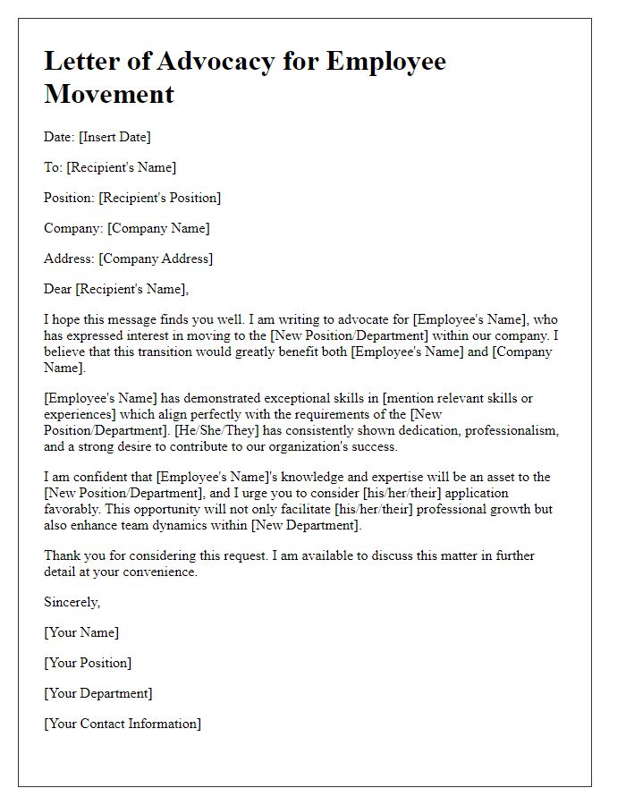 Letter template of advocacy for employee movement within the company.