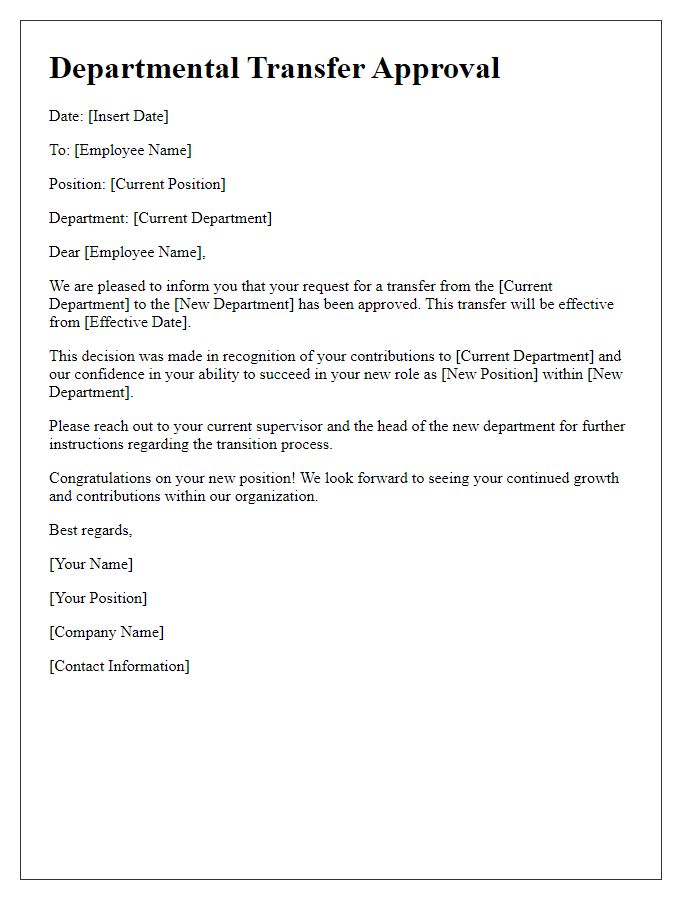 Letter template of approval for employee departmental transfer.