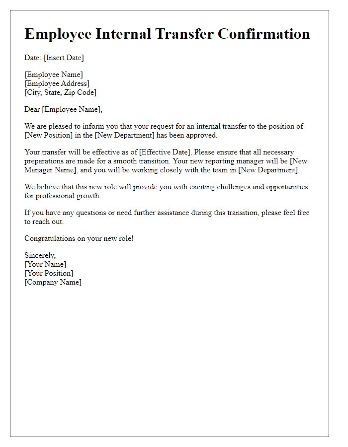 Letter template of confirmation for employee internal transfer.